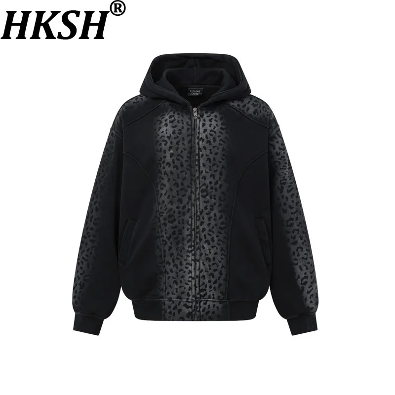 HKSH Spring Autumn Winter New Men Tide Chic Ins High Street Leopard Print Gradient Hoodie Hip Hop Ziper Trend Sweatshirt HK28754