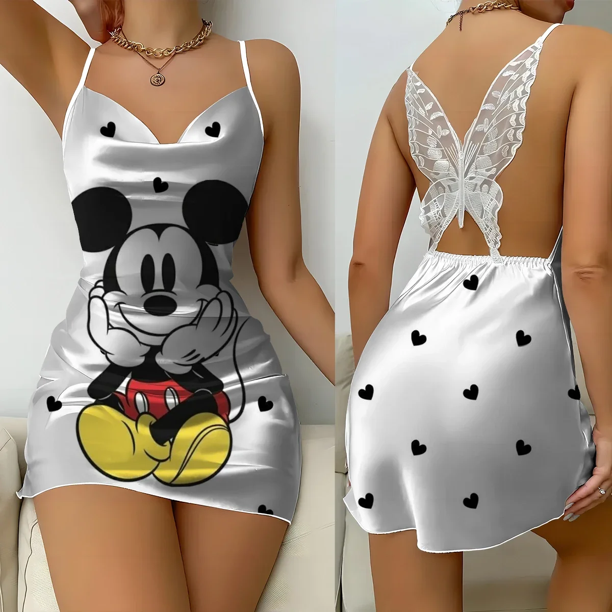 

Mickey Mouse Minnie Print Satin Suspender Nightdress V Neck Backless Mini Nightdress Women's Pajama Dress