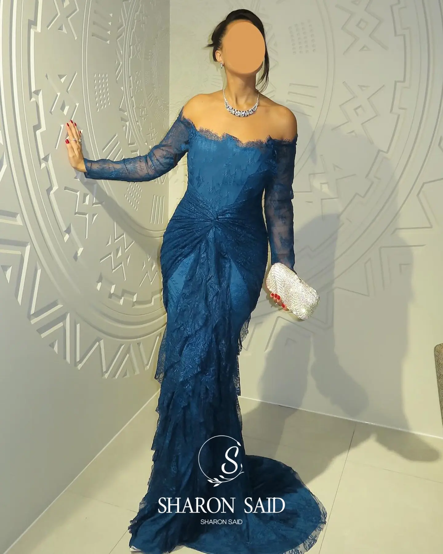 Sharon Said Black Lace Off Shoulder Evening Dress with Long Sleeves Mermaid for Woman Wedding Arabic Prom Gown SF519 Customized