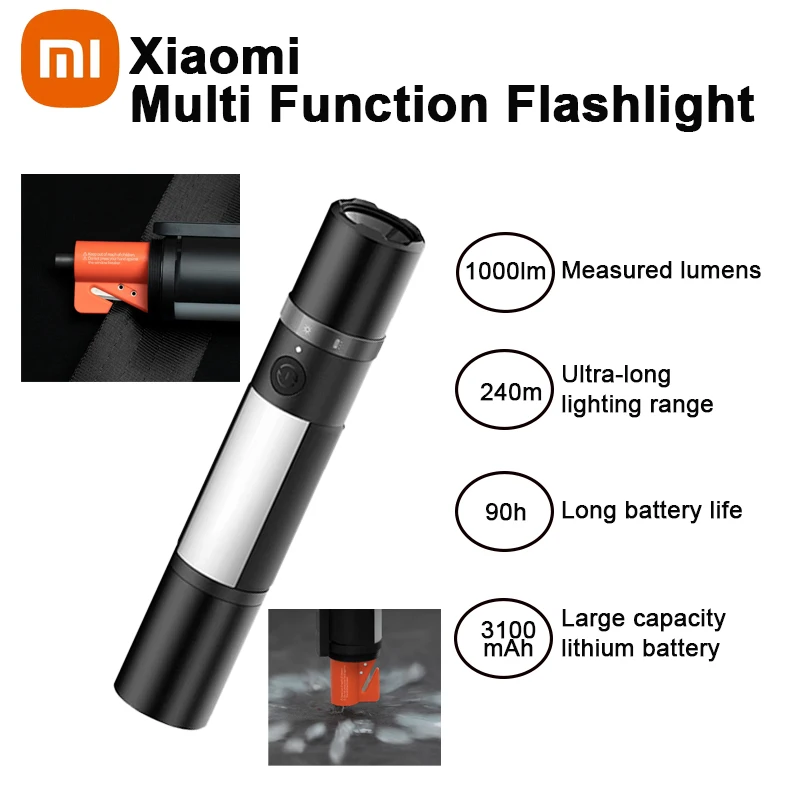 Xiaomi Multi-functional Flashlight Zoomable Ultra Bright Torch Window Breaker Car Emergency Light  Safety Belt Cutter Flashlight