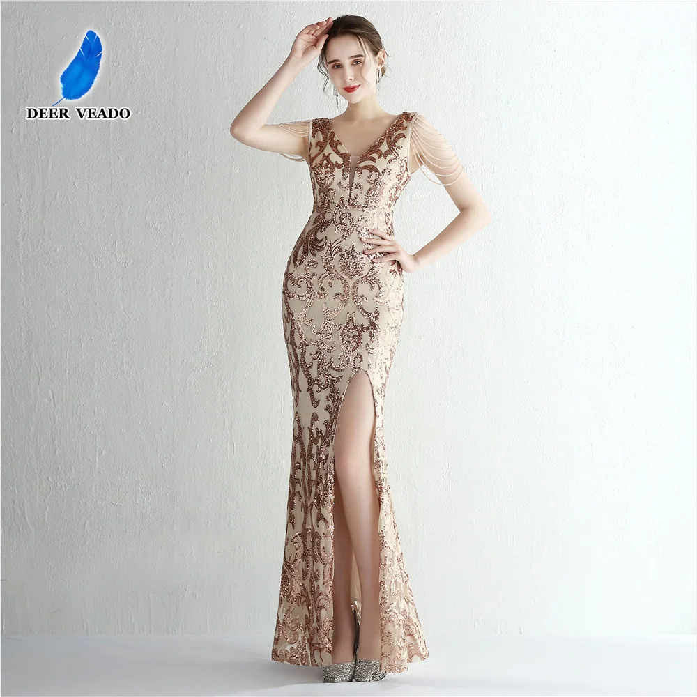 

DEERVEADO Luxurious Beading Evening Dress Women's Sexy Mermaid Slit Sequins Formal Occasion Dress Prom Party Maxi Dresses