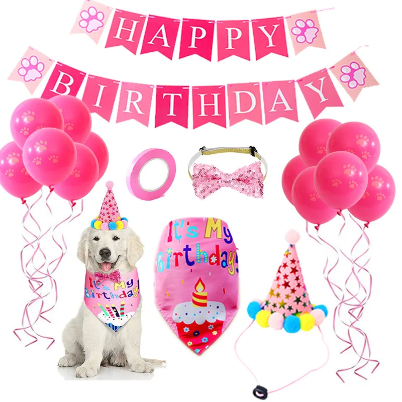 Pet Birthday Party Set Balloon Bandana Hat Bowtie Slogan Supplies for Celebrating Dog Products Supplies All for Pets Cats Party