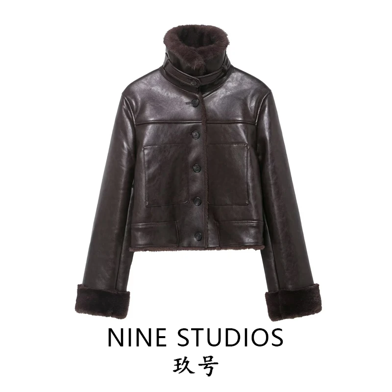 

Double-Sided Artificial Fur High Collar Casual Jaet Women's ort Outerwear European Sle Long Sve Button Closure