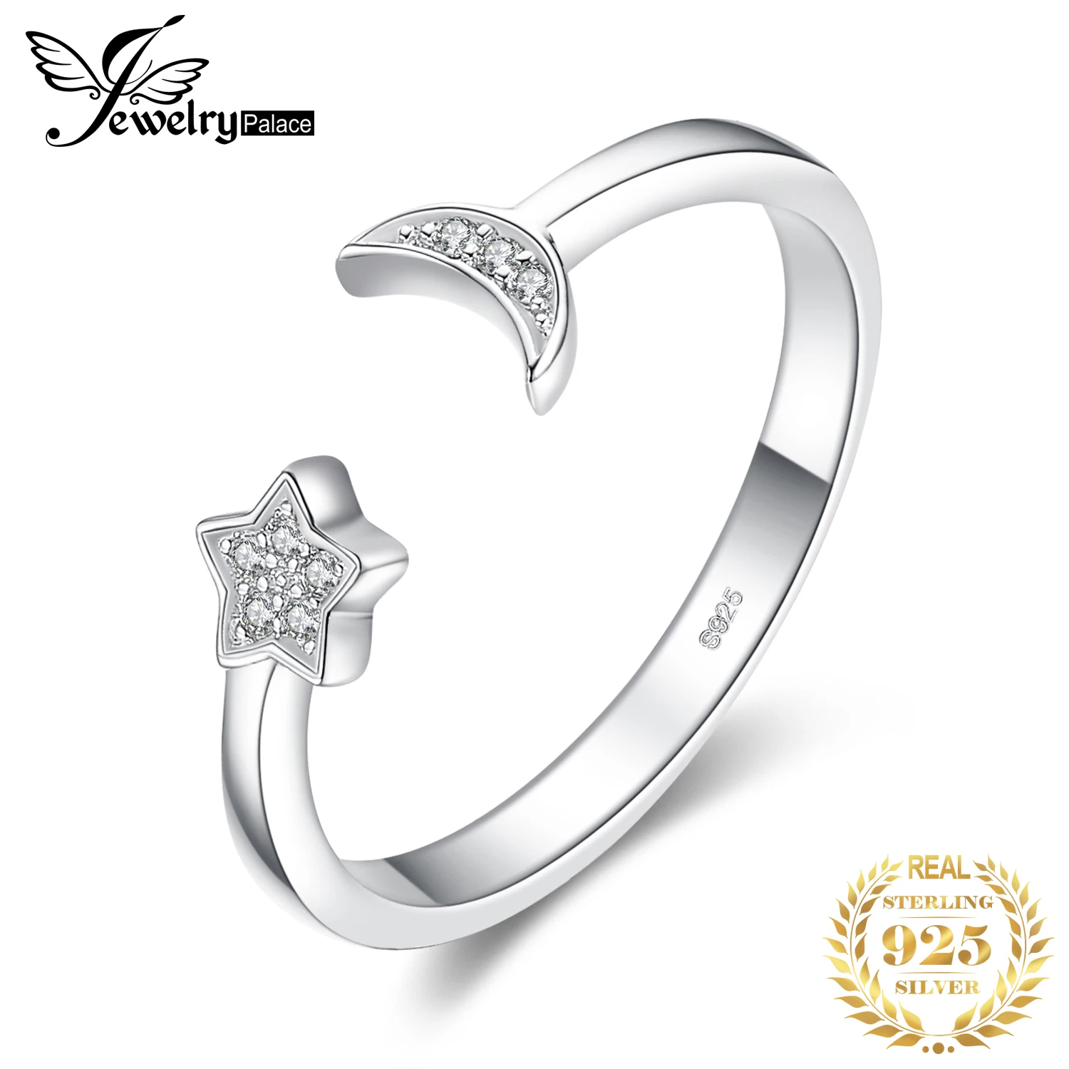 JewelryPalace 5A CZ Moon Star Adjustable 925 Sterling Silver Wedding Engagement Ring for Woman Fashion Love Gift Fine Jewelry