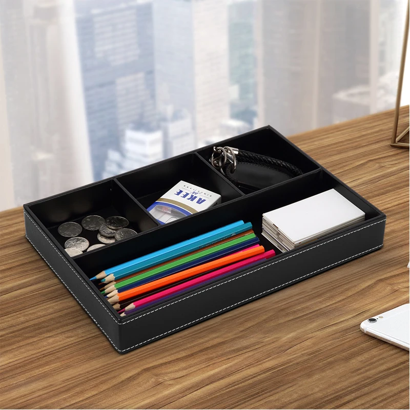 

4 Compartments PU Leather Storage Tray Multi-functional Home Office Desktop Stationery Sundries Organizer Key Coin Storage Box