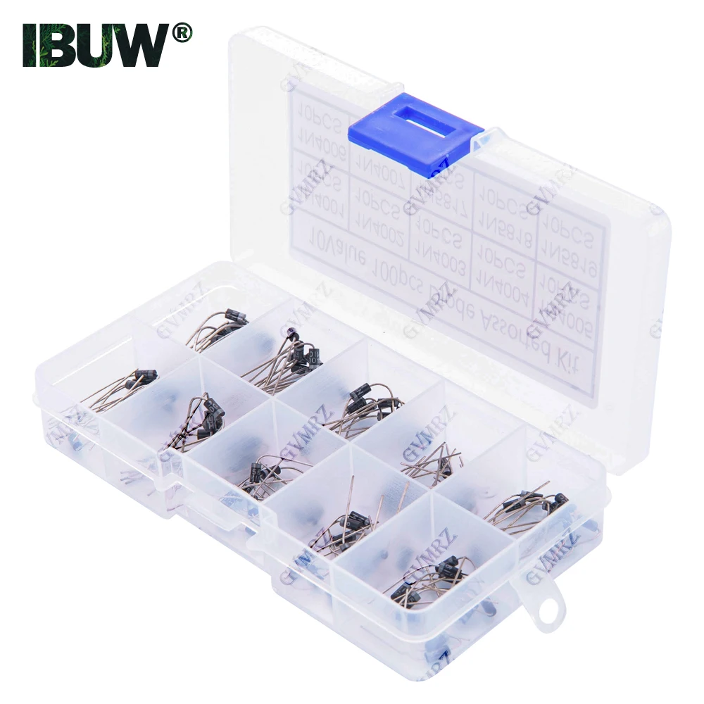 100Pcs 10 Values Rectifier Diode Assorted Kit 1N4001 1N4002 1N4003 1N4004 1N4005 1N4006 1N4007 1N5817 1N5818 1N5819 with Boxs