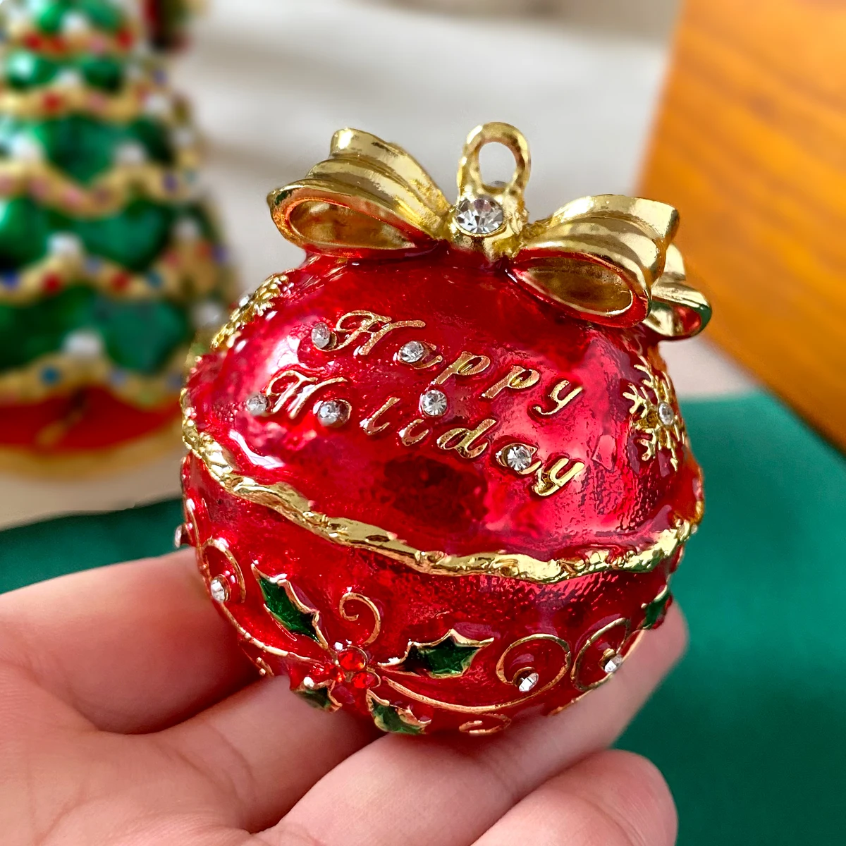 Hinged Xmas Jingle Bell Trinket Box With Crystals Figurines Hand-painted Jewelry Ring Holder Christmas Tree Hanging Decor Gift