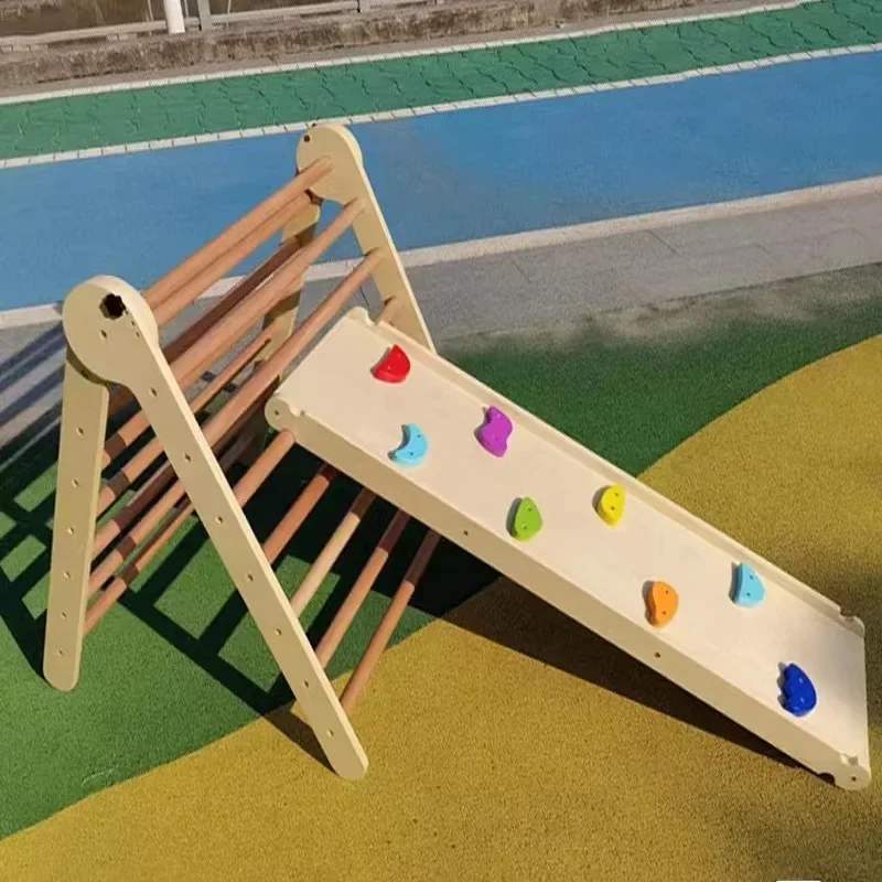 Wooden Safety Sturdy Kids Play Gym Foldable Climbing Triangle Ladder Toys with Ramp for Sliding