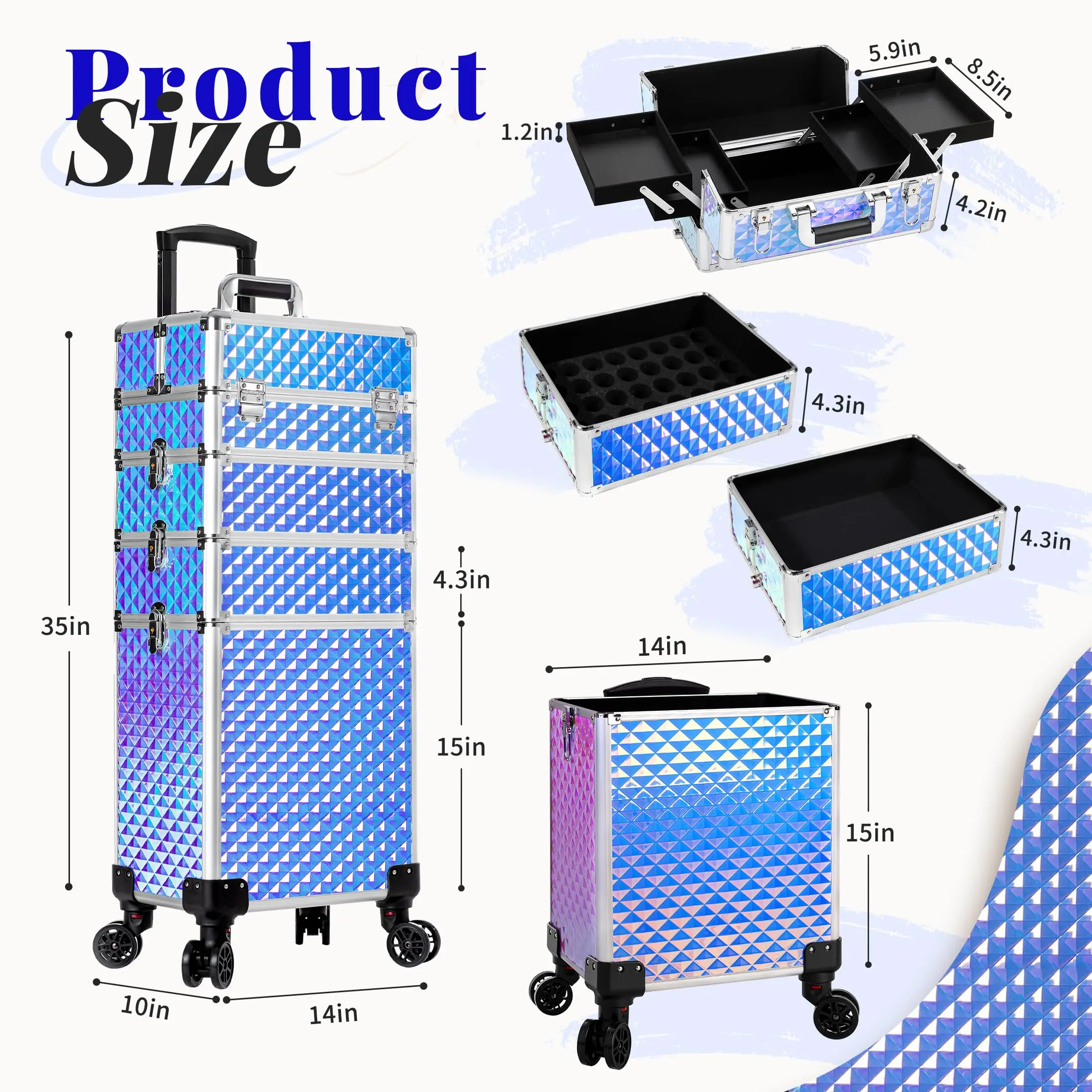 Rolling Makeup Train Case 4 in 1 Detachable Large Capacity Makeup Travel Case with Key Salon Barber Cases Traveling Cart Trunk