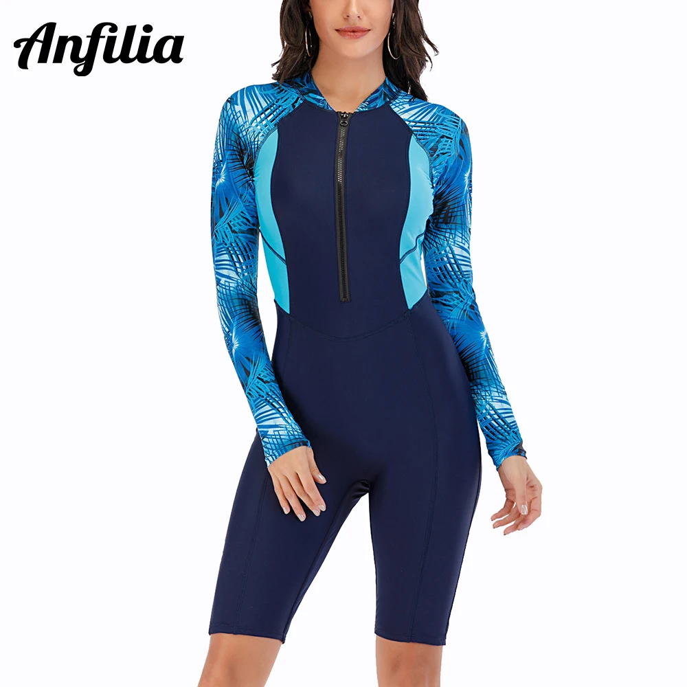 

Anfilia Women's One Piece Long Sleeve Zipper Boxer Rash Guard Conservative Swimsuit Quick Dry UPF 50+ Wetsuit