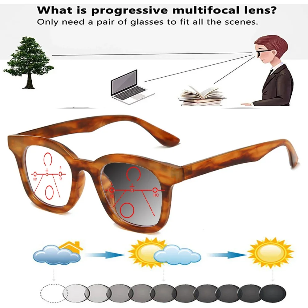 Square Frame Simple Style Handcrafted Brown Color Photochromic Progressive Multi-focal Fashion Reading Glasses +0.75 To +4