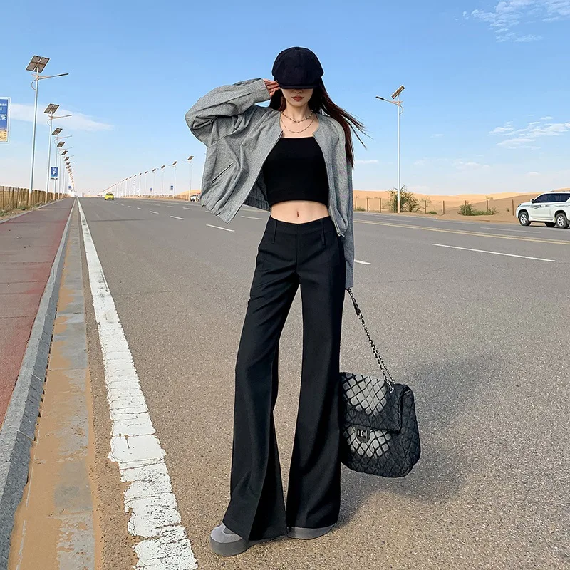 Low-Waist Fleece-Lined Grey Wide-Leg Suit Pants Women's Autumn Winter New Style Slimming High Fashion Long Trousers