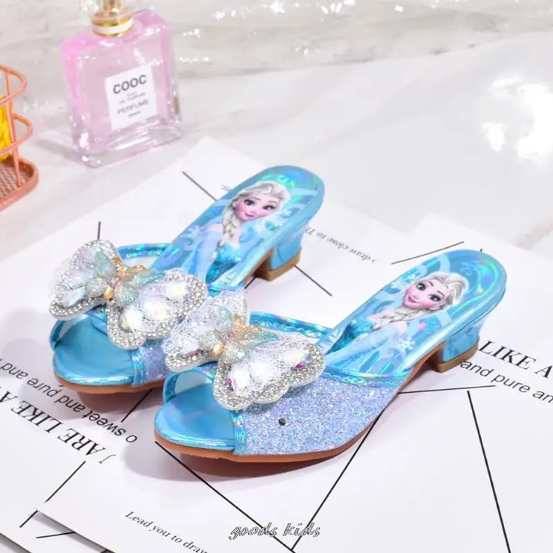 Disney Girls Summer Sandals Slipper Sequined Princesse Children High Heel Party Dress Elsa Shoes Leather Slipper For Girls Gift