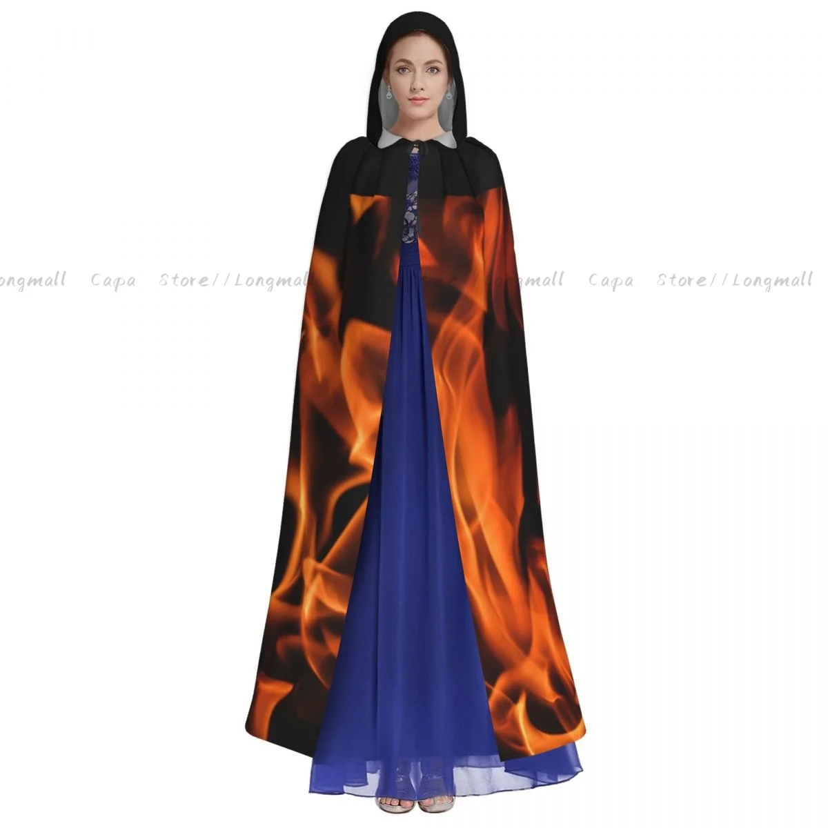 Flames Of Fire Background Hooded Everak Coat, Halloween Cosplay Costume, Vampire, SAFWizard Cape, Gown Party