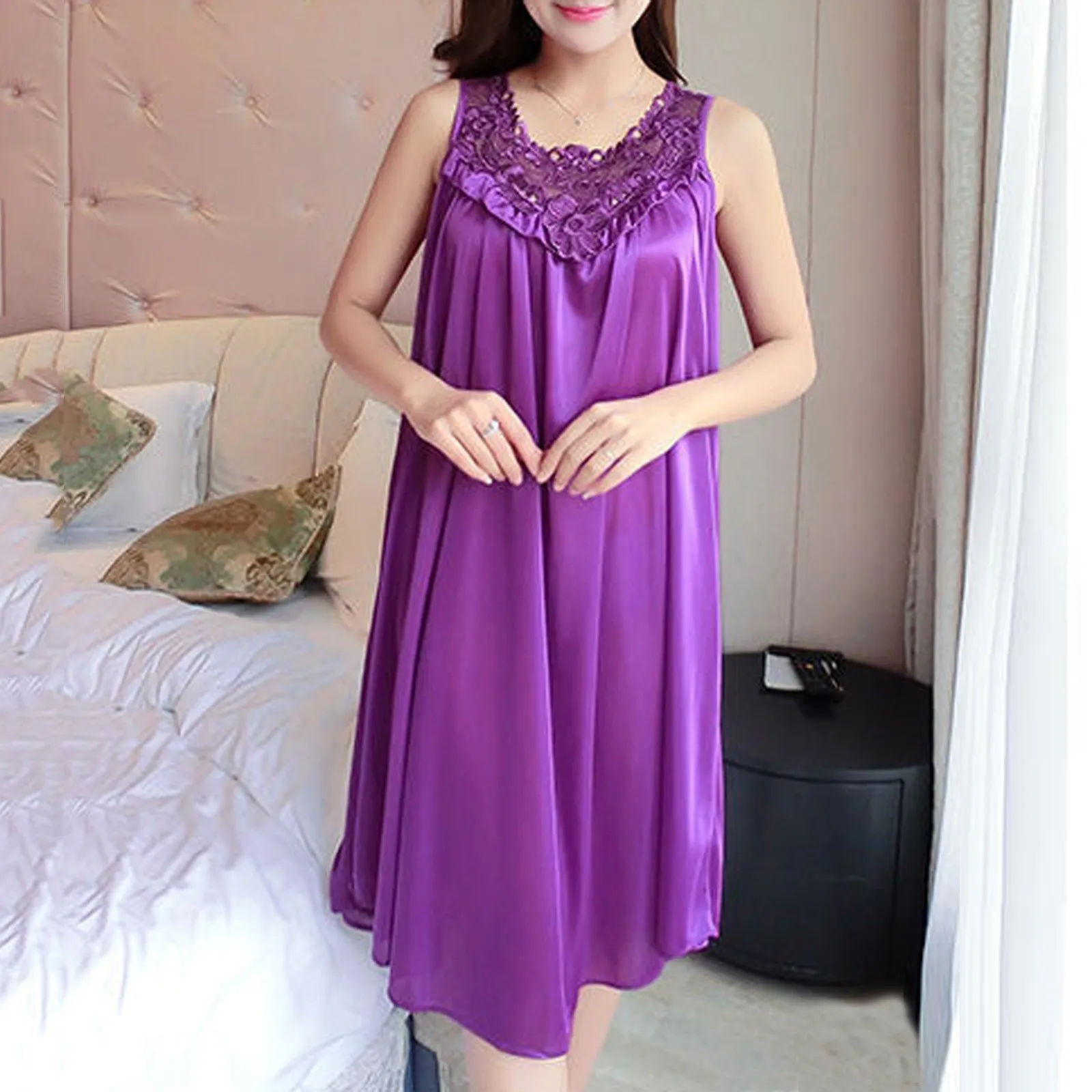 Women Nightgowns Satin Lace Sleepwear Nightwear Sexy Pyjama Women Home Clothing Sleepwear Female Free Size Lingerie Gown Robe