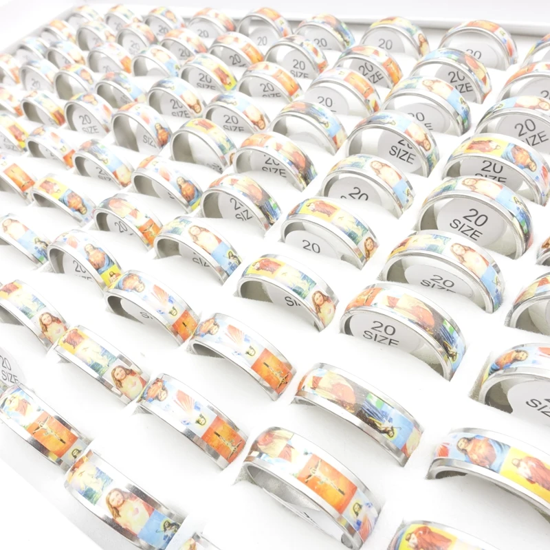 MIXMAX 50pcs/100pcs Stainless Steel Rings Jesus Christ Bible Stickers Bands and Rotatable Spinner Wholesale Religious Jewelry