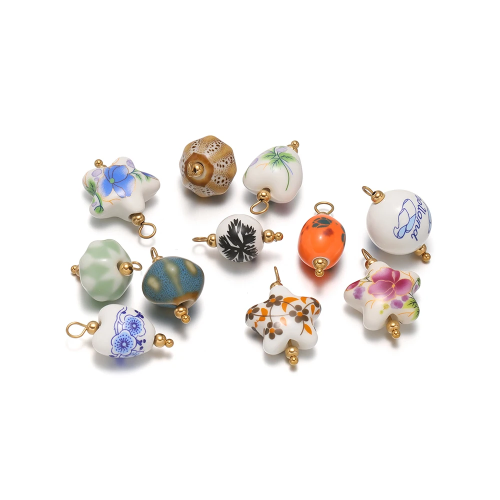 

10pcs Colorful Ceramics Pendants Heart Star Charms with Stainless Steel Ball Pin DIY Necklace Bracelet Jewelry Making Findings