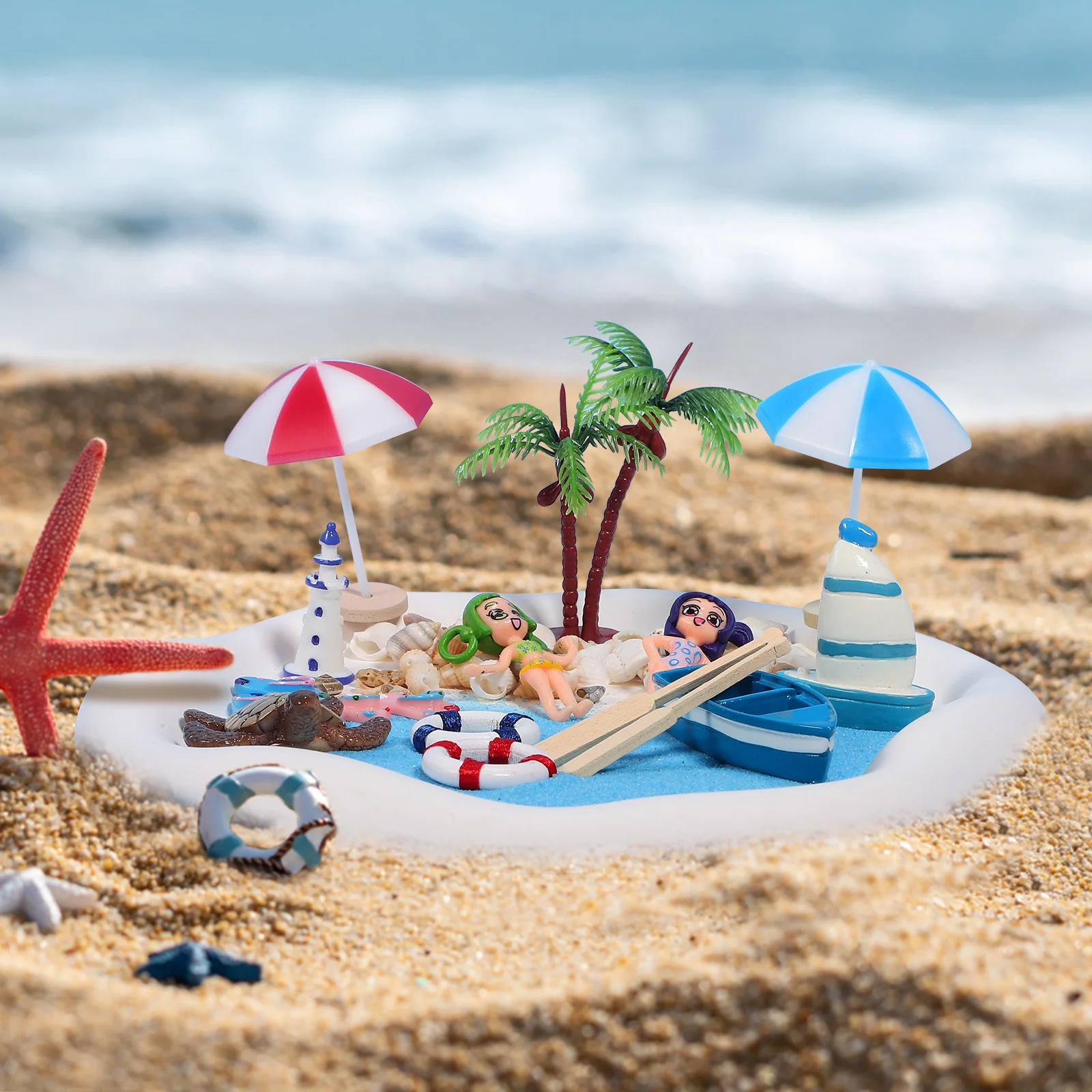 

11Pcs Miniature Beach Decorations Durable Plastic Micro Landscape Accessories for DIY Miniature Garden Palm Tree Boat Umbrella