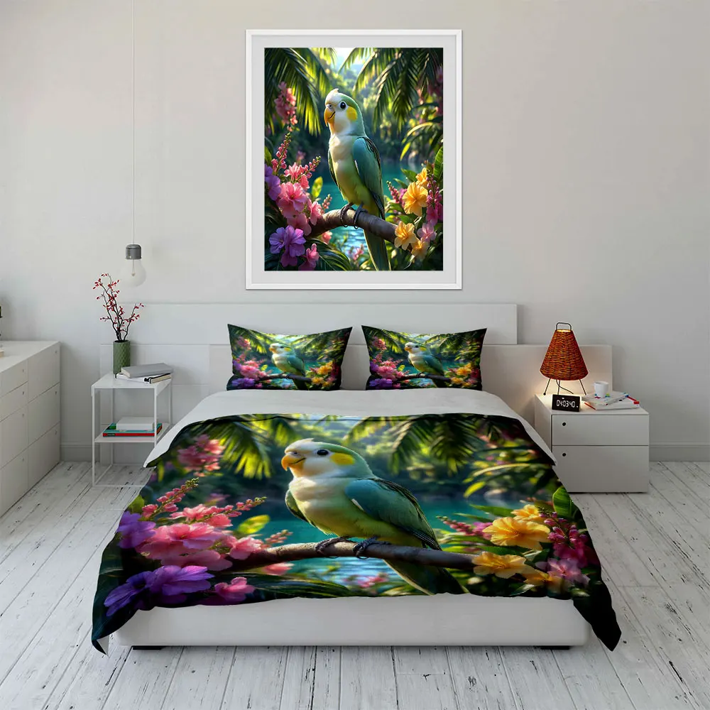Tree parrots in the rainforest Print Soft Comfortable Duvet Cover Bedding Set Included 1*Duvet Cover  2*Pillowcases