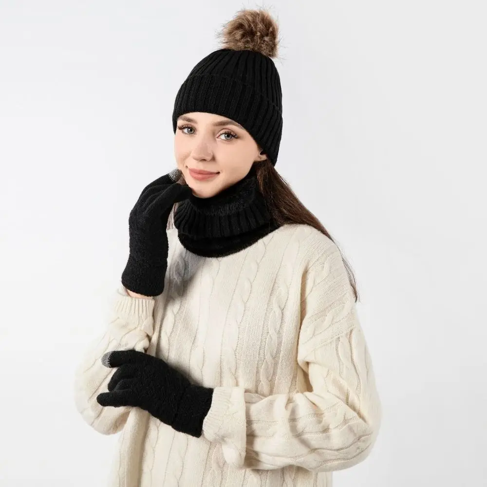 3Pcs/Set Warm Winter Hat Scarf Gloves Set Thicken Lining Scarf Neck Warmer Windproof Elastic Knit Beanie Snood Set