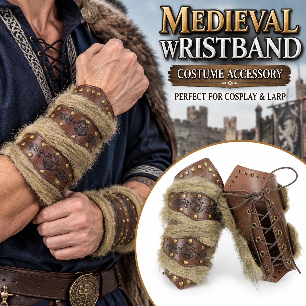 Men Medieval Faux Fur Leather Bracers Viking Arm Guards LARP Cosplay Halloween Dress-up Wristband