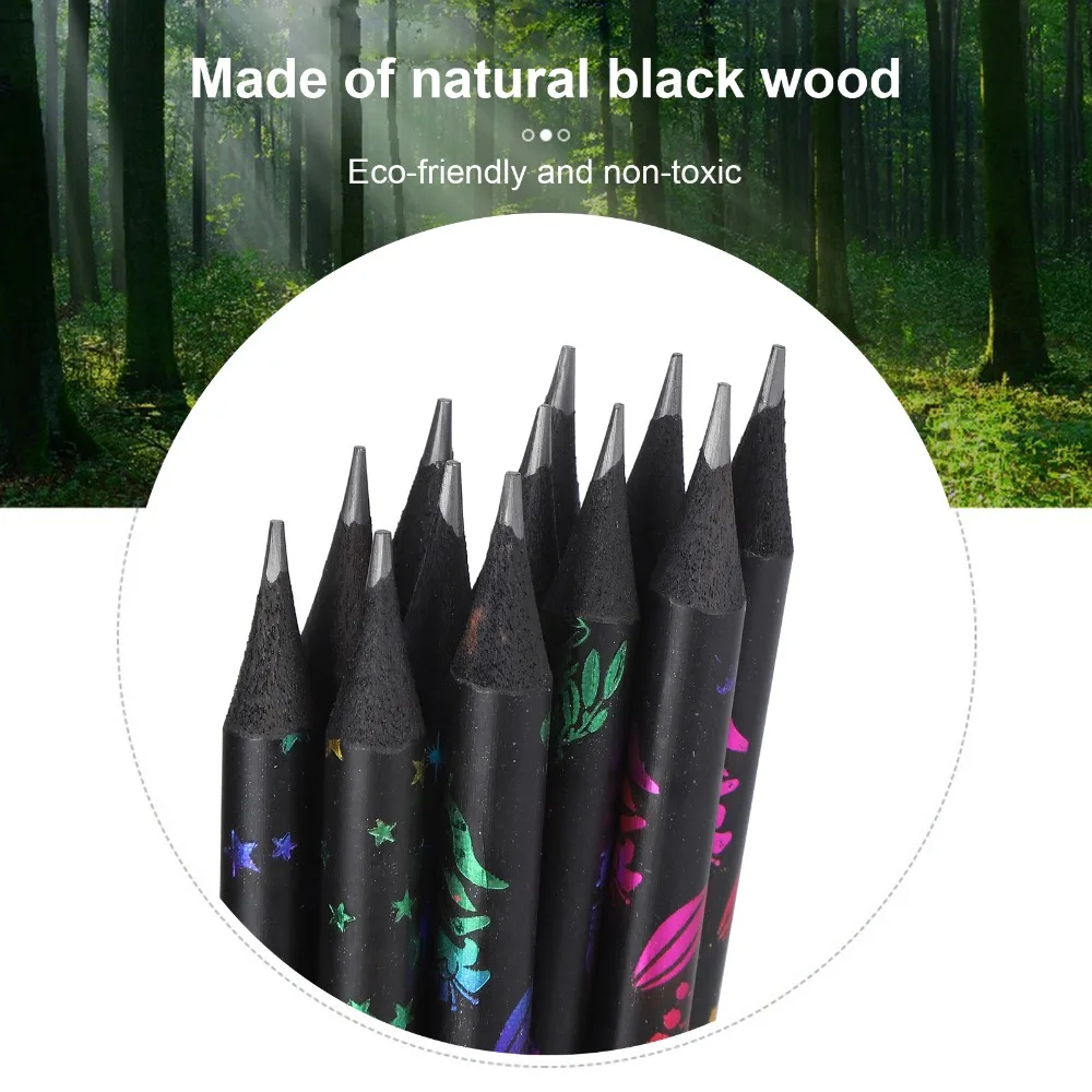 12PCS Ready To Use Black Wood Pencil Black Wood HB Cartoon Print Pencil Rhinestone Decor Pencil Desktop Decor