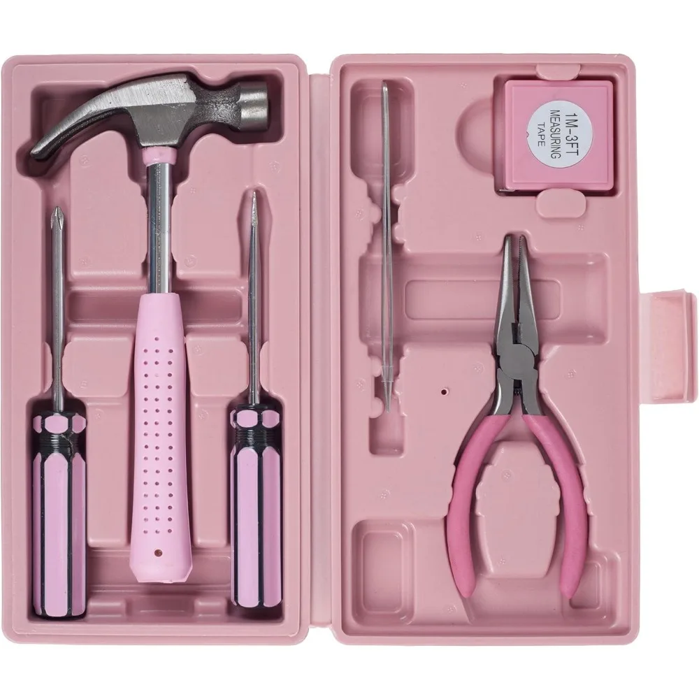 Household Hand Tools, Pink Tool Set - 7 Piece by Stalwart, Set Includes – Hammer, Screwdriver Set, Pliers (Repair Kit for the Ho