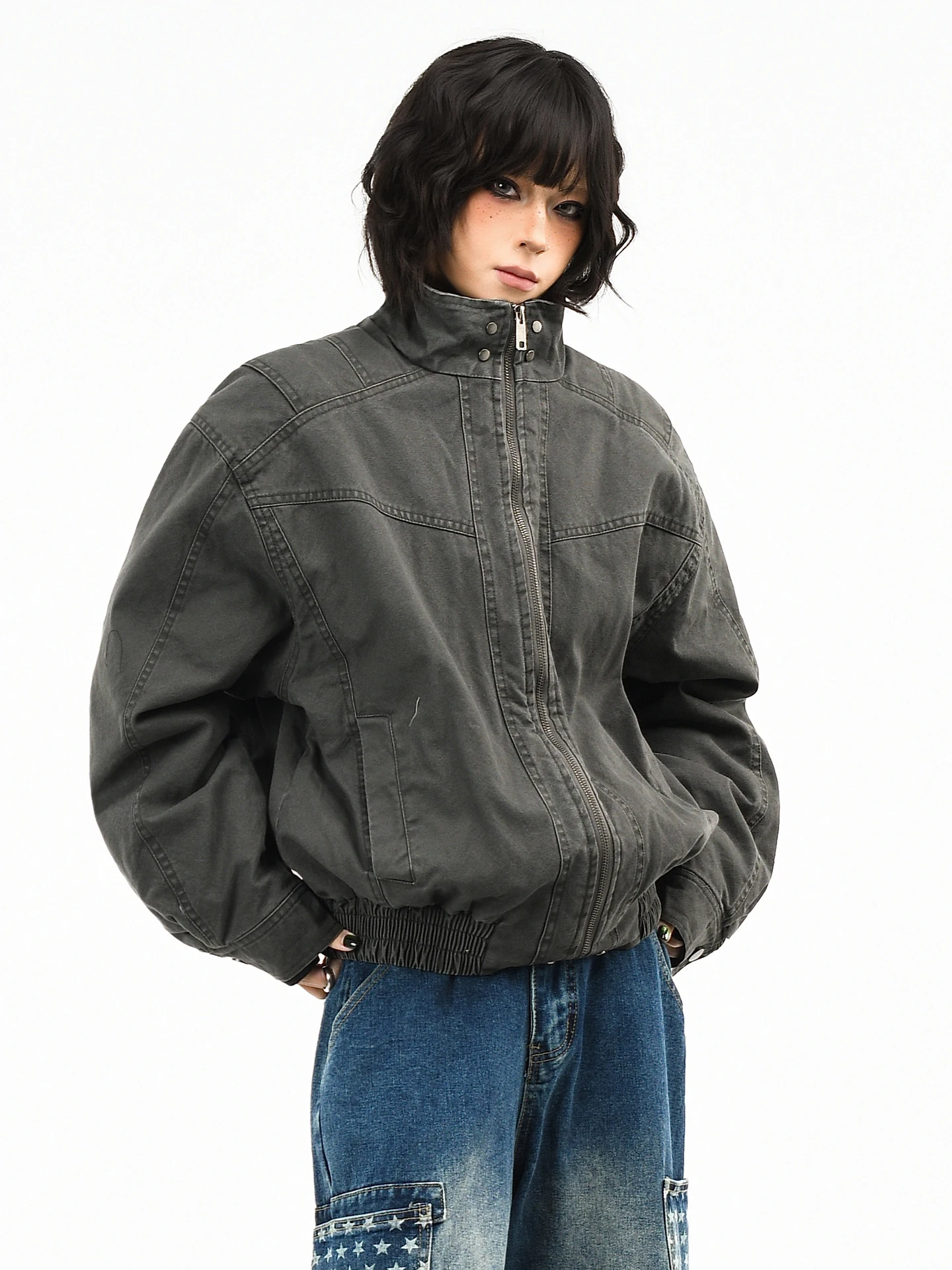 

OV Original American ark Fin Deconstructed Patchwork Waed Cotton Jaet Women Winter Loose Workwear ort Cotton Coat Men