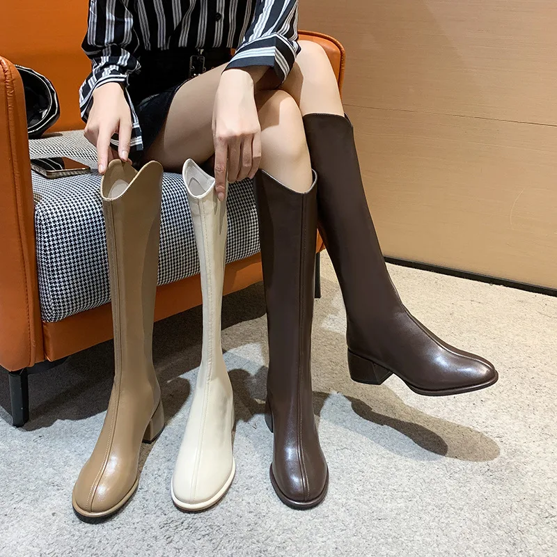 

2023 New Winter Style with Fleece Medium Chunky Heel Knight Boots Women's High Tube Thinner-looked High Heel Shorty Long Boots