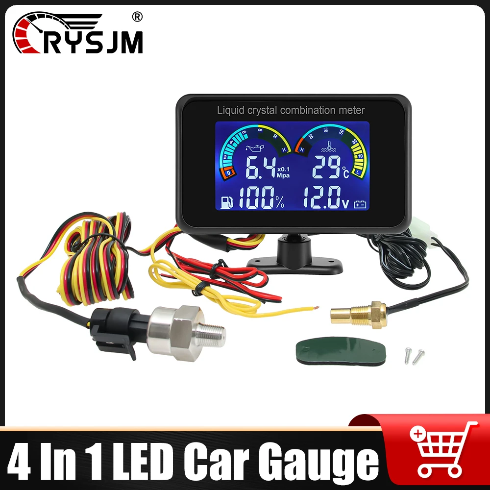 

Car LCD 4 In 1 Display Gauge Water Temp Oil Pressure Voltage Fuel Level Instruments With Sensor NPT 1/8 for 12V24V Universal