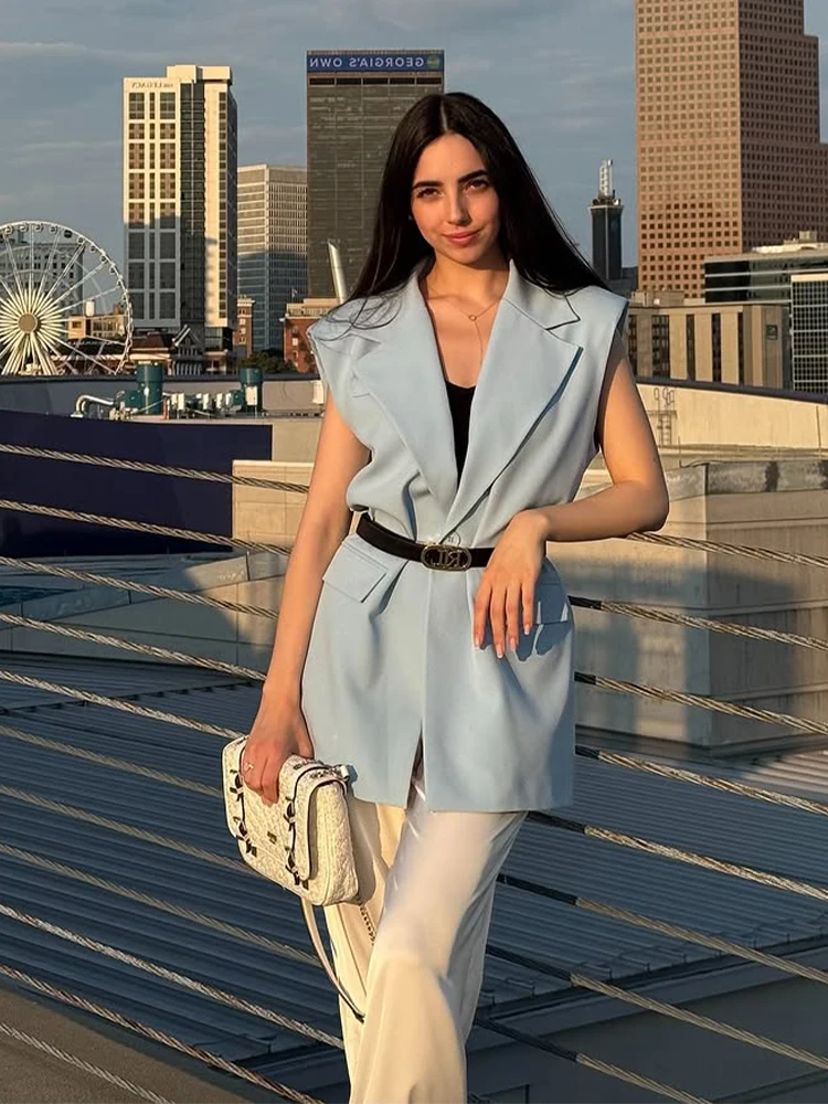 

Casual Lapel Broad Shoulder Woman Vest Fashion Solid Color Sleeveless Loose Top For Lady 2025 New Autumn Daily Commuting Wear