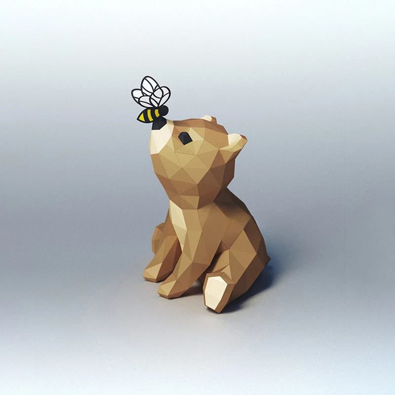 Orso e ape che giocano modello di carta Papercraft 3D fai da te fatti a mano giocattoli educativi creativi decorazioni per la casa decorazione da scrivania bassa poli