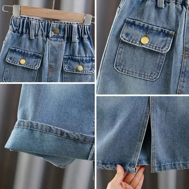 Teenage girl denim skirt summer new fashionable half skirt casual Korean version children\'s versatile long skirt