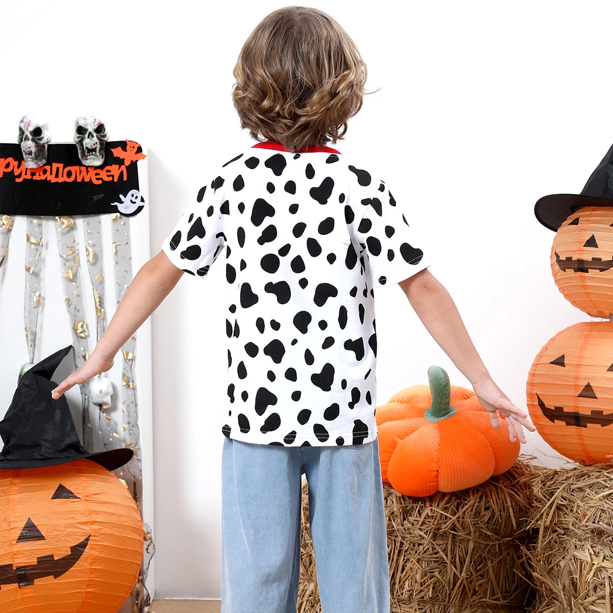 Baby Boy Dalmatian T-Shirt Toddler Halloween Cow Print Tees Kids Spotted Dog Red Collar Top Fashional Casual Short Sleeves