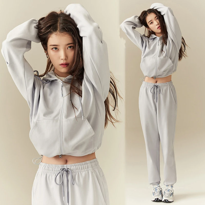 Kpop Korean Singer 2 Piece Sets Women Tracksuit Autumn Trouser Suits Female Sweatshirt Solid Zipper Sports Hoodies Sportswear