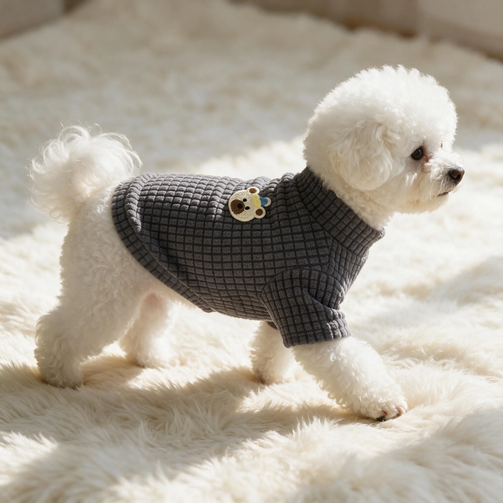Small Dog Waffle Knit T-Shirt, Sleepy Bear Embroidery Mock Neck Pet Top, Soft Spring Fall Clothes for Tiny Puppies Bichon Teddy view 6