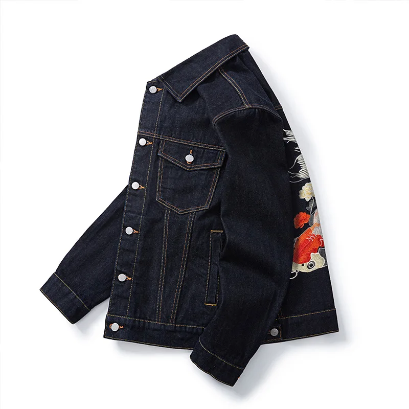 

Fall New Style Original Cow High Density Embroidery Carp Earless Denim Jacket Retro Trendy Men's Coat Loose Fit Long Sleeve