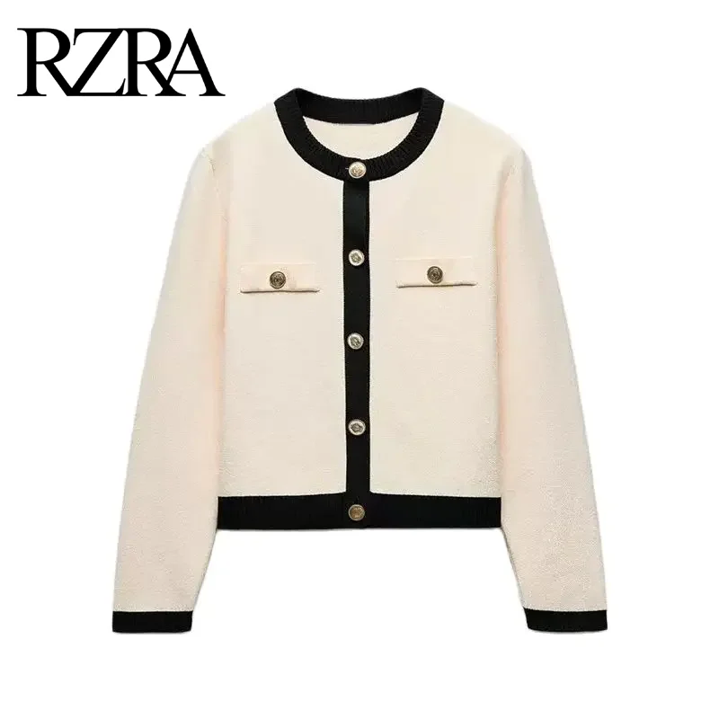 RZRA women\'s 2024 autumn and winter new gorgeous contrast color round neck long sleeve gold button knitted jacket