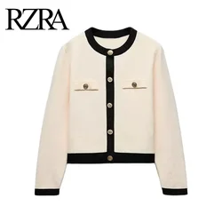 RZRA women's 2024 autumn and winter new gorgeous contrast color round neck long sleeve gold button knitted jacket