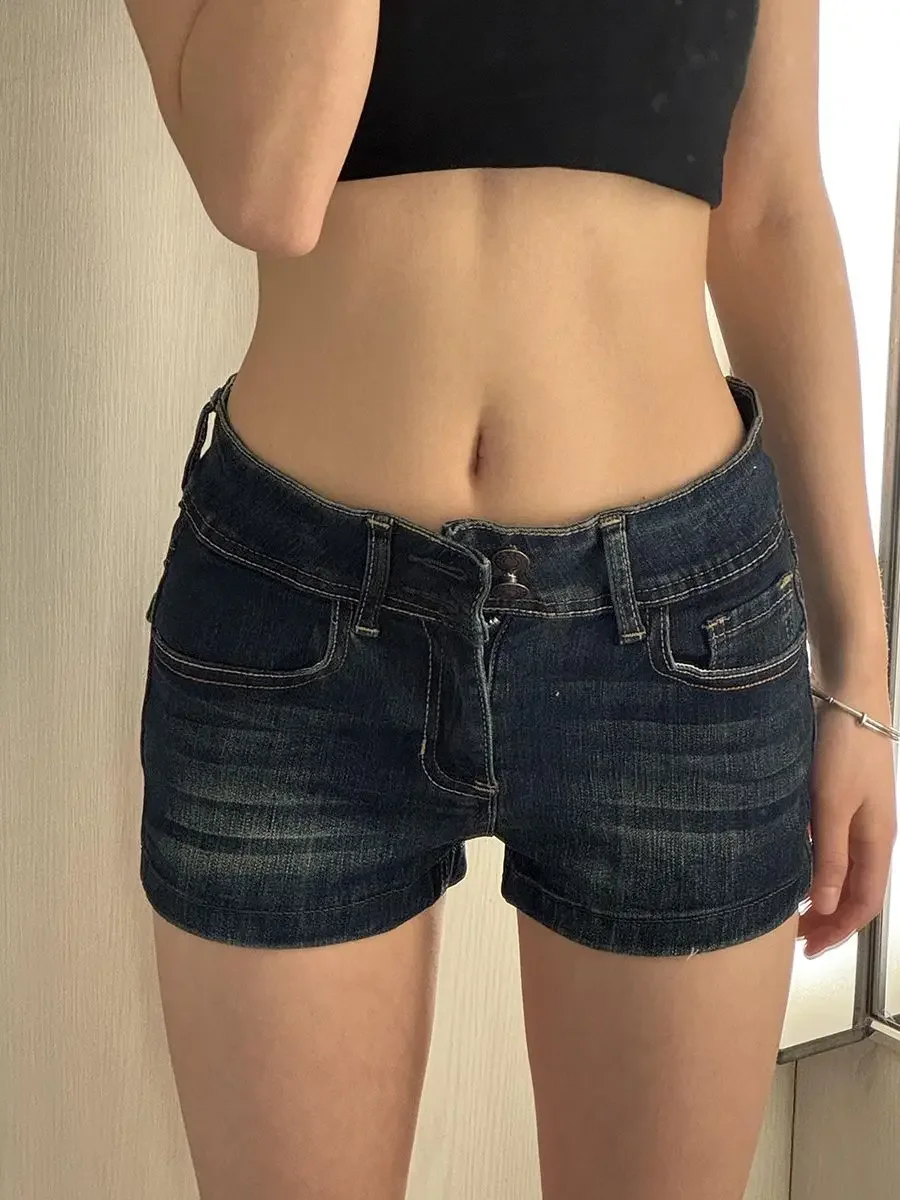 

Women's Low Rise Blue Distressed Denim Shorts Vintage Retro Stretch Skinny Hot Pants | 2025 Summer Slim Fit Butt Hugging Shorts
