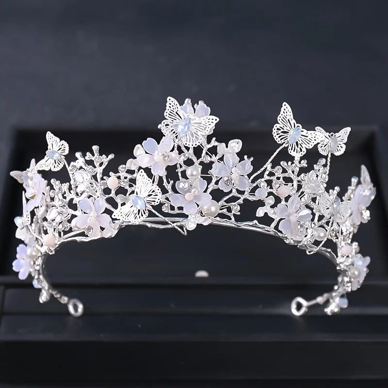 Baroque Pearl Rhinestone Crown Flower Butterfly Princess Tiara Headband Hairband Women Bridal Wedding Hair Accessories Jewelry