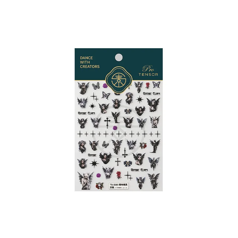 5D Realistic Relief Retro Gothic Elves Cross Asterism Butterfly Adhesive Nail Art Stickers Decals Manicure Embossed Ornaments