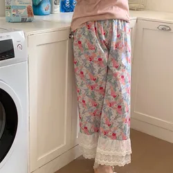 Loose Tie-dye Flower Lace Elastic Waist Pajama Pants Sweet Ruffle Edge Gentle Floral Sleep Bottoms Casual Trousers