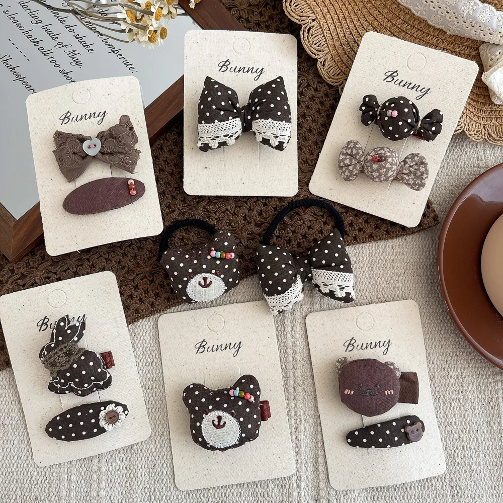 

Корейский кофейный цвет, кружевные детские заколки с медведем в горошек, тканевые заколки с кроликом и бантом, эластичная лента для волос, аксессуары для волос, челка, боковой зажим