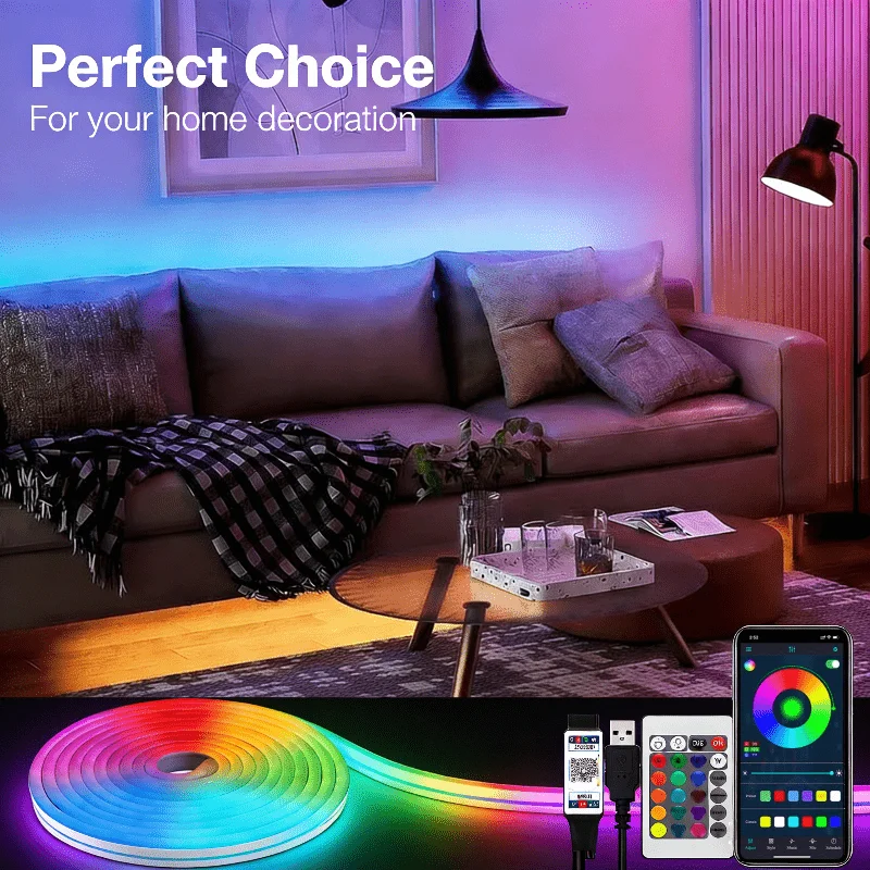 Smart RGB LED Neon Strip, USB Neon LED Strip Lights with Remote Control Flexible Neon LED Rope Lights, 5V RGB