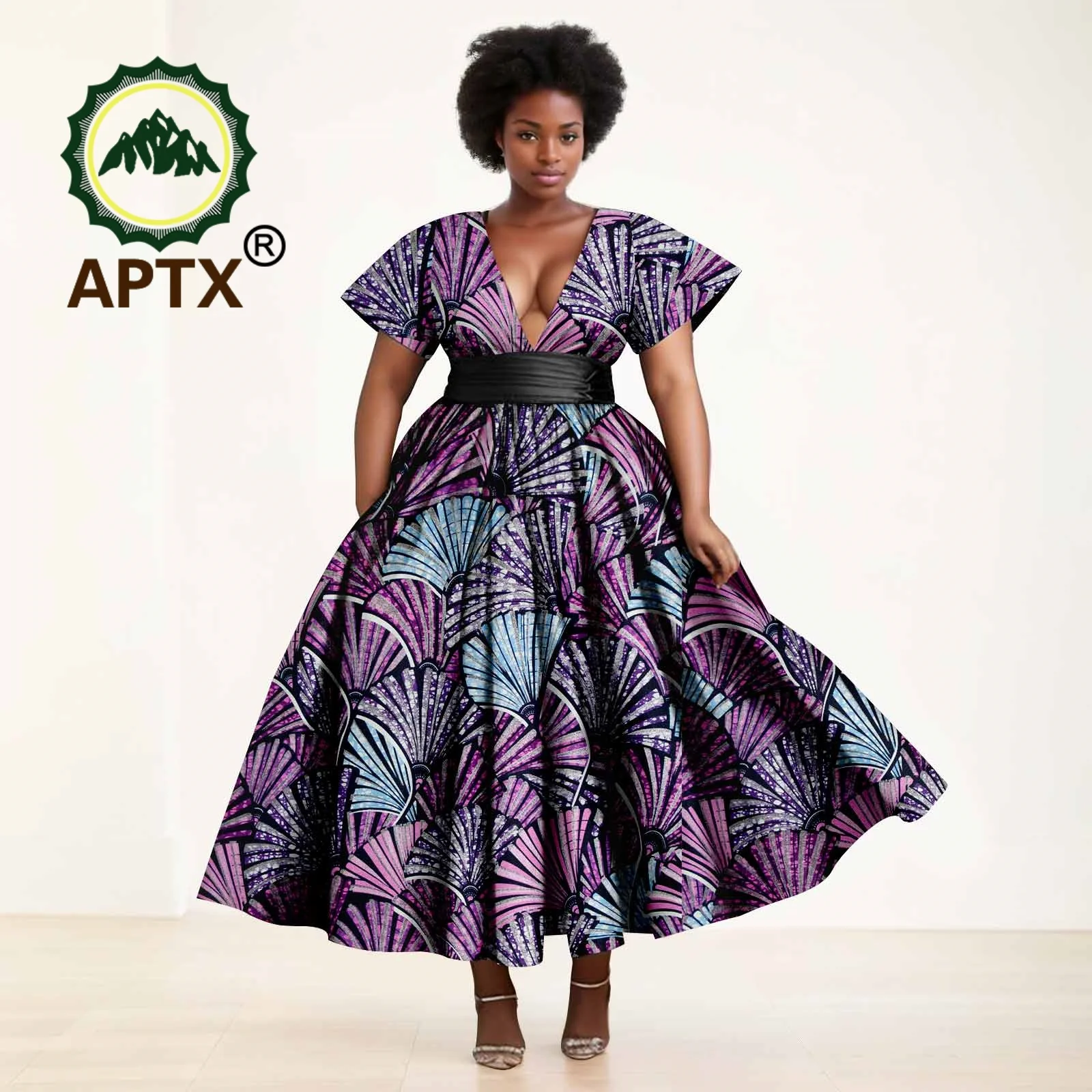 여성용 아프리카 드레스 앙카라 프린트 반팔 V넥, 벨트와 발목 원피스, 캐주얼 파티 웨딩 드레스
