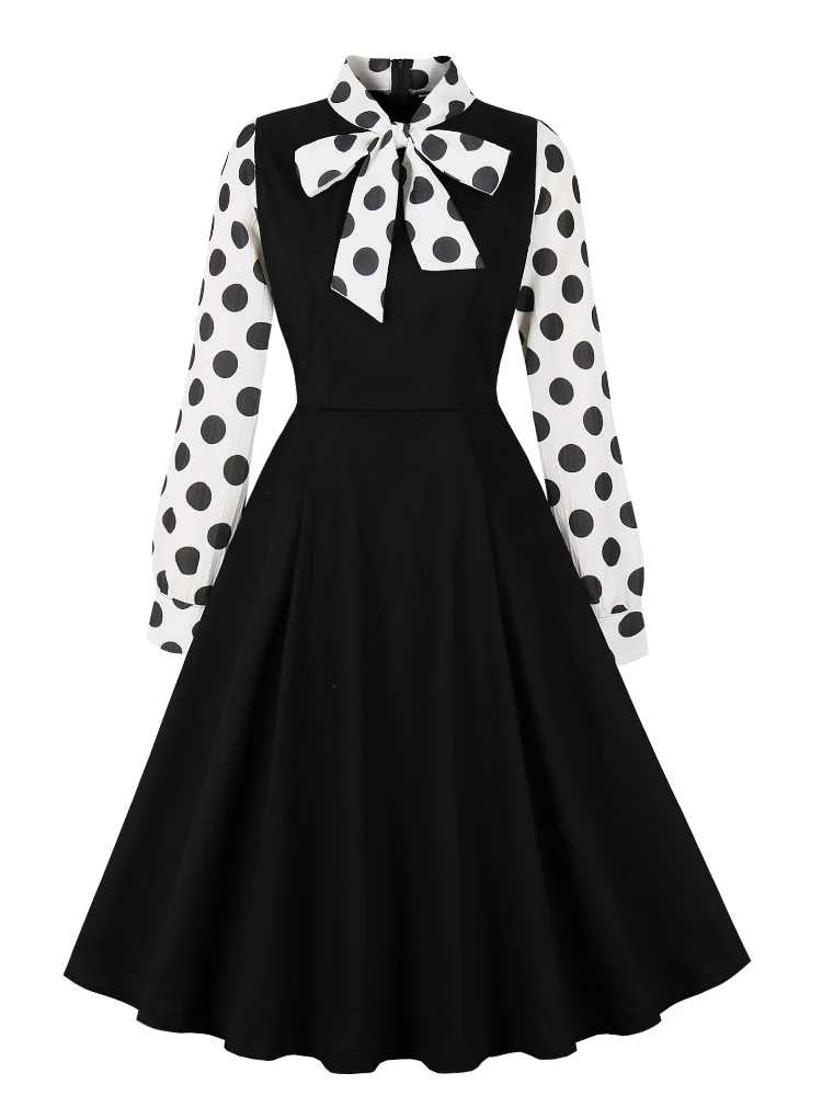 

2024 New Hepburn Style Polka Dot Long Sleeve Retro Dresses Women Spring Bow Tie Neck 1950s 60s Elegant A-Line Black Cotton Dress