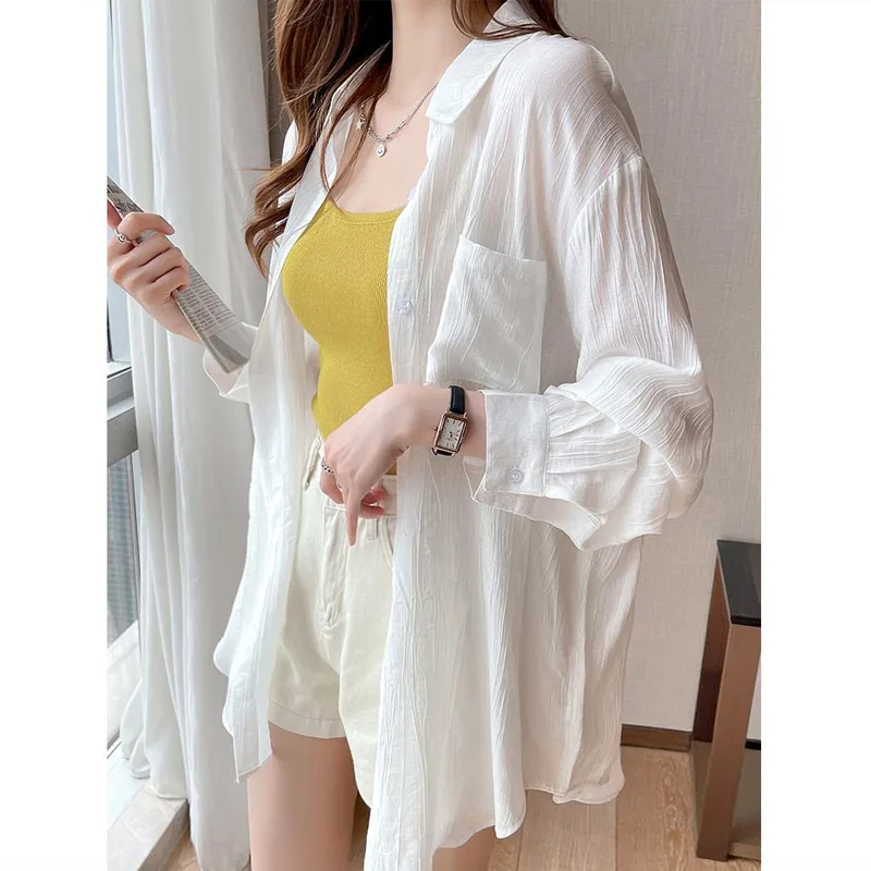 

Ice Silk White Sunscreen Shirt Women's Long Sleeved 2023 Summer New Versatile Cardigan Thin Coat Simplicity Fashion Clothing