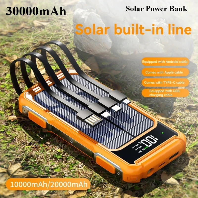 

New 30000mAh Large Capacity Solar Power Bank 4 in 1 Built-in Cable Outdoor Charger External Battery for Samsung Xiaomi iPhone