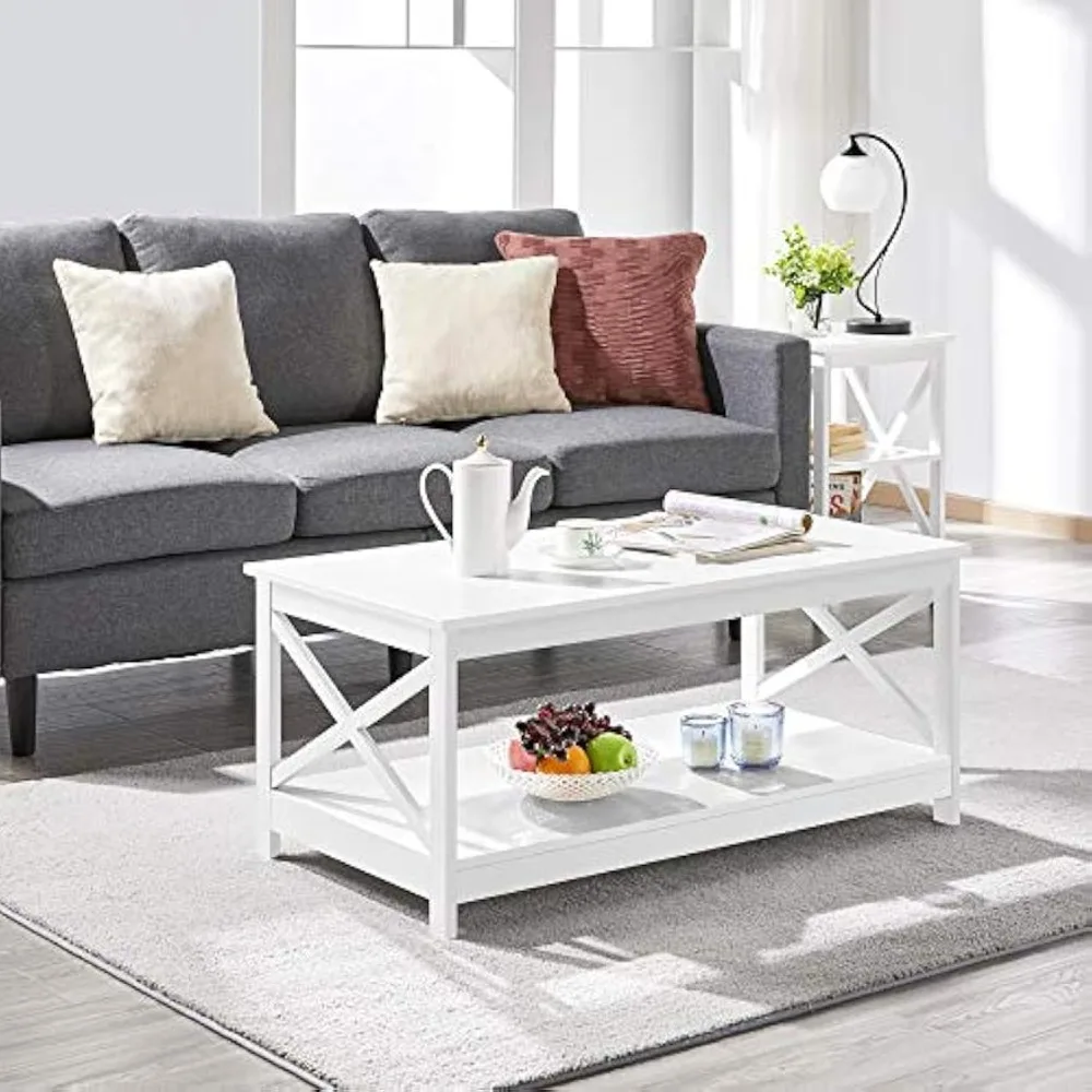 

Simple X-Design Cocktail Coffee Table with Storage Shelf, Farmhouse 2-Tier Center Table for Living Room Office, Sturdy Structure